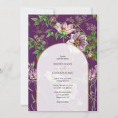 Paarse Bloemrijke Groene Gouden Boog Bruiloft Kaart (Voorkant)