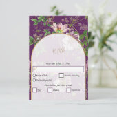 Paarse Bloemrijke Groene Gouden Boog Bruiloft RSVP Kaartje (Staand voorkant)