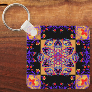 Paarse Bloemrijke Mandala, Violette Natuur Sleutelhanger