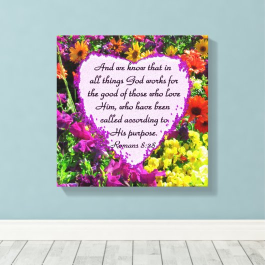 PAARSE BLOEMRIJKE ROMEINEN 8:28 FOTODESIGN CANVAS AFDRUK (Insitu (Houten vloer))