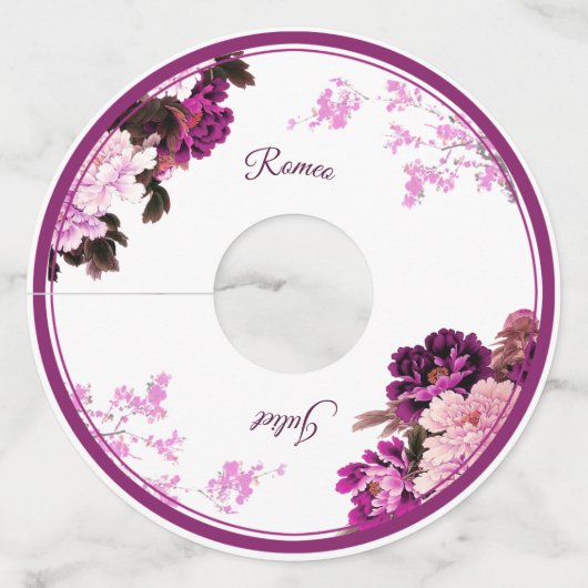 Paarse Bloemring Trouwwijn Glas Label (Voorkant)