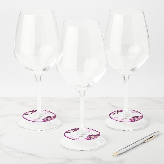 Paarse Bloemring Trouwwijn Glas Label (Set)