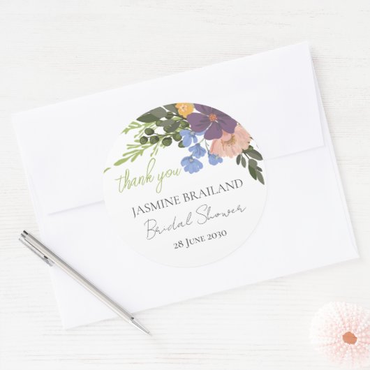 Paarse Bloemstuk en Groene Bruidsdouche Dankjewel Ronde Sticker (Envelop)