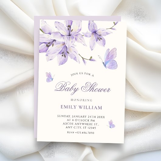 Paarse bloemvlinder baby shower kaart