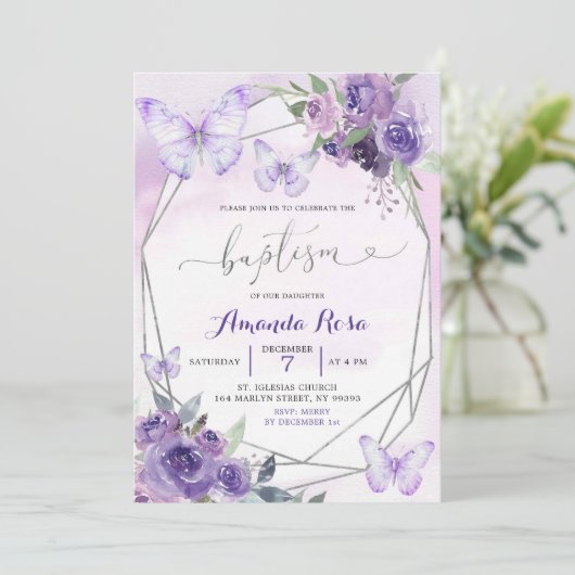 Paarse bloemvlinder geometrische doop kaart (Staand voorkant)