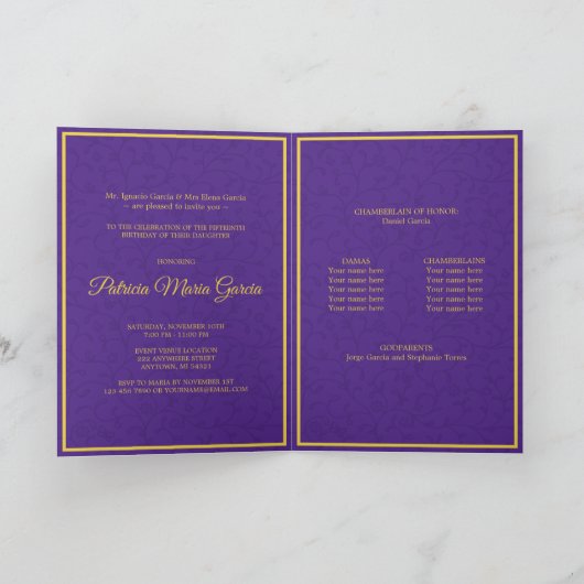 Paarse bloemwijnstokken met foto-quinceanera kaart (Binnen)