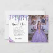 Paarse bloemzoet zestien jarig met foto bedankkaart (Voorkant)