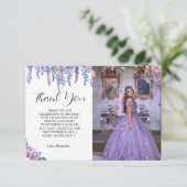 Paarse bloemzoet zestien jarig met foto bedankkaart (Staand voorkant)