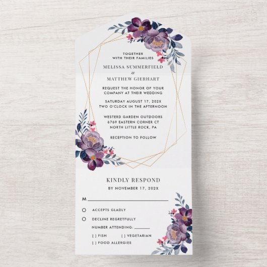 Paarse bloesem bloemen geometrische bruiloft all in one uitnodiging (Binnen)