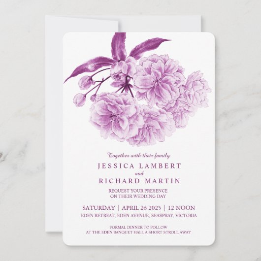 Paarse bloesem waterverf voorjaar bloemenbruiloft kaart (Voorkant)