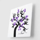 Paarse bloesems en Tortelduifjes sakura cherry tre Vierkante Klok (Hoek)