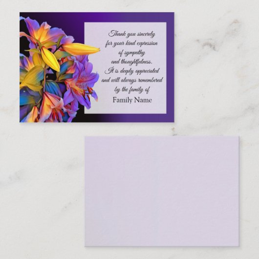 Paarse Blomsterkort na begrafenis Dank je kaarten Notitiekaartje (Voorkant / Achterkant)