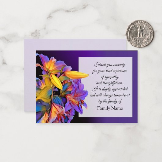 Paarse Blomsterkort na begrafenis Dank je kaarten Notitiekaartje (Voorkant / Achterkant in situ)