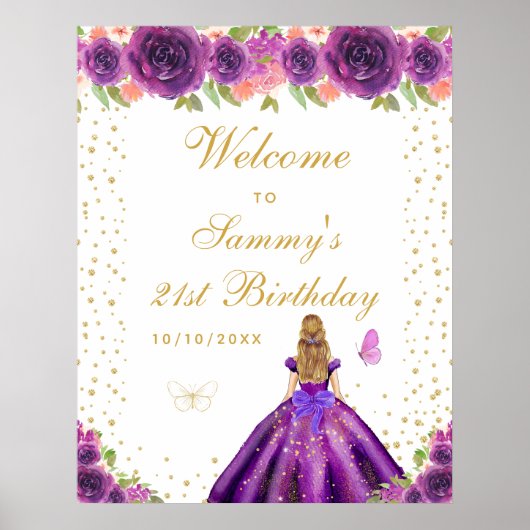 Paarse blond haar meisje verjaardagsfeestje welkom poster (Voorkant)