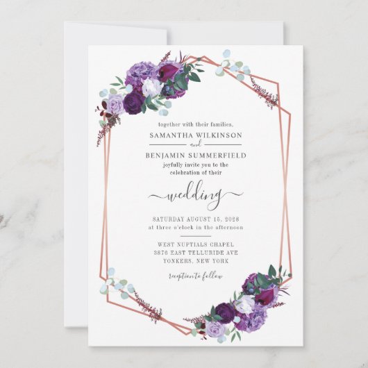 Paarse Bloom Greenery Geometric Modern Wedding Kaart (Voorkant)