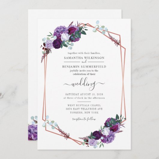 Paarse Bloom Greenery Geometric Modern Wedding Kaart (Voorkant / Achterkant)