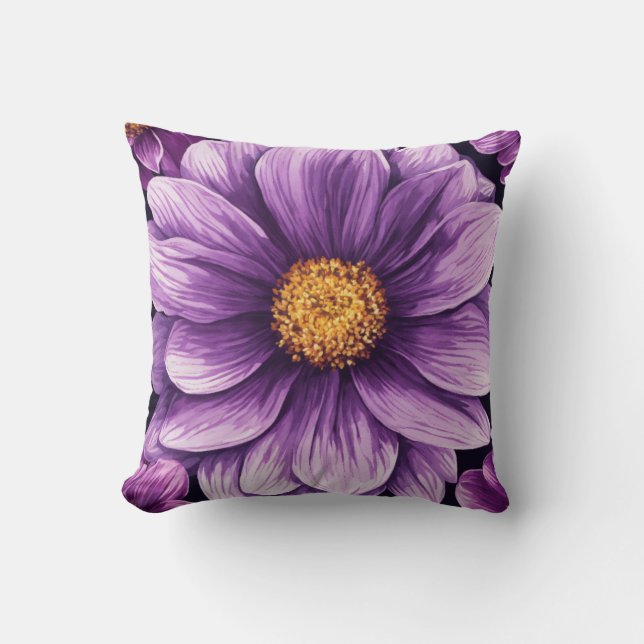 Paarse Bloom Pen-Drawn Elegance Kussen (Voorkant)