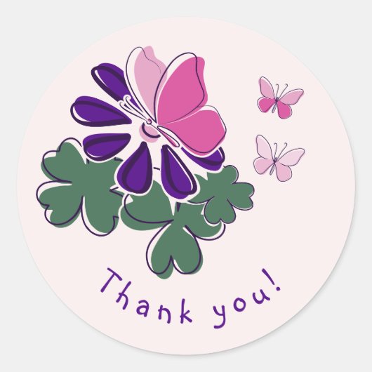 Paarse Bloom Pink Butterfly Doodle Dank u! Ronde Sticker (Voorkant)