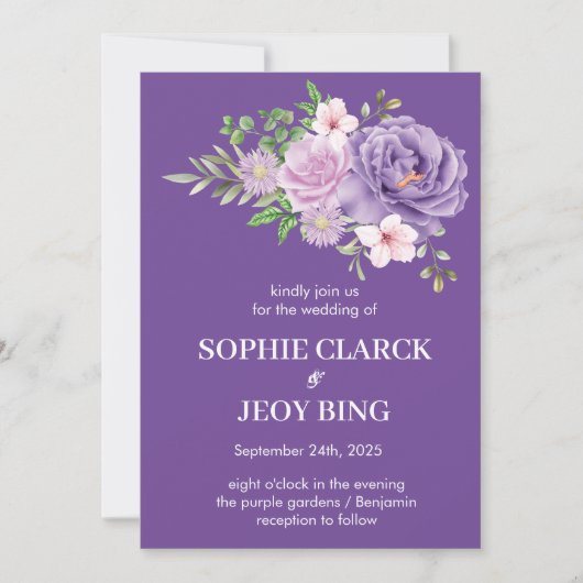 Paarse Blooms Dusty Roos Bloemen Bruiloft Kaart (Voorkant)