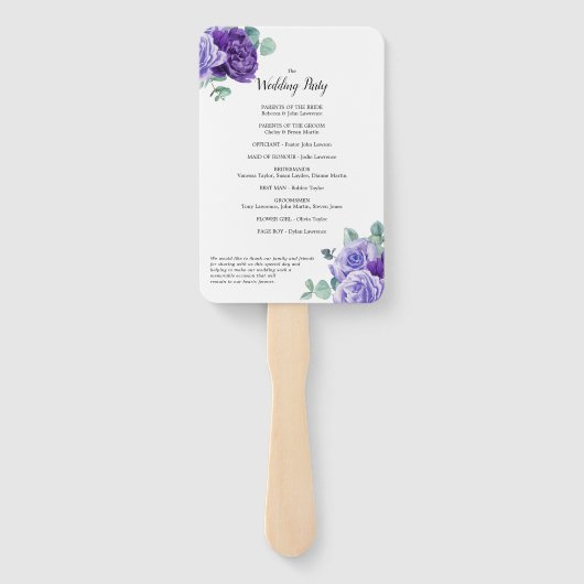 Paarse Blooms Eucalyptus Botanical Weddenprogramma Handwaaier (Achterkant)