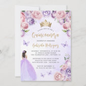Paarse Blos Bloem Goud QR Code Quinceañera Kaart (Voorkant)