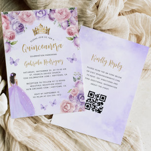 Paarse Blos Bloem Goud QR Code Quinceañera Kaart