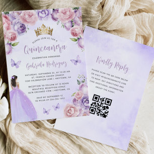Paarse Blos Bloemenaquarel QR Code Quinceañera Kaart