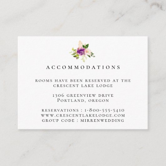 Paarse blos bloemenbruiloft accommodaties informatiekaartje (Voorkant)