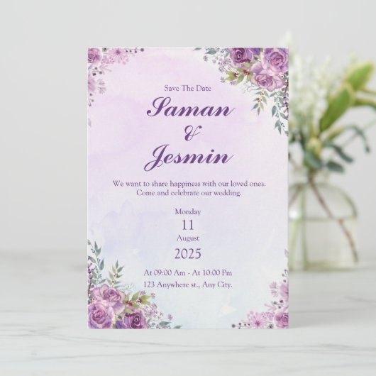 paarse blos geometrisch save the date (Staand voorkant)