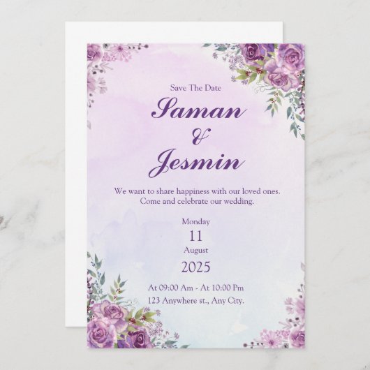 paarse blos geometrisch save the date (Voorkant / Achterkant)