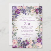 Paarse Blos Roze Bloemige Blad 21e Verjaardag Kaart (Voorkant)