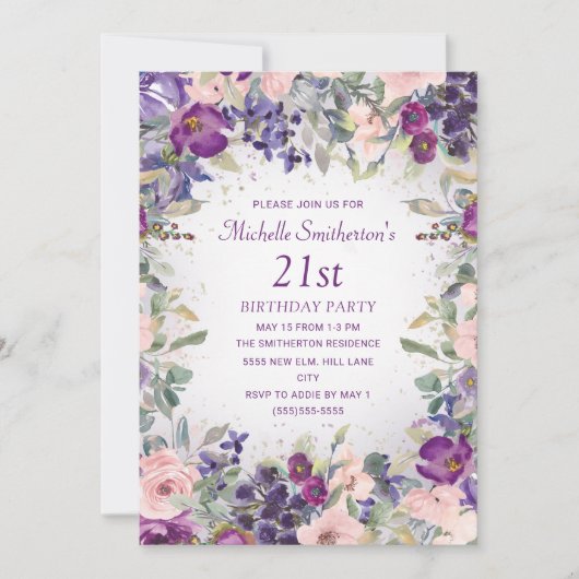 Paarse Blos Roze Bloemige Blad 21e Verjaardag Kaart (Voorkant)