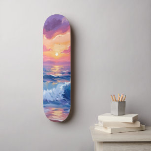 Paarse Blos Zonsondergang Oceaan Glans Waterverf Persoonlijk Skateboard
