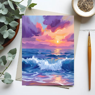 Paarse Blos Zonsondergang   Oceaan Glinstering Wat Briefkaart