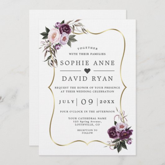 Paarse Blosem Bloemen Gouden All In One Trouw  Kaart (Voorkant / Achterkant)