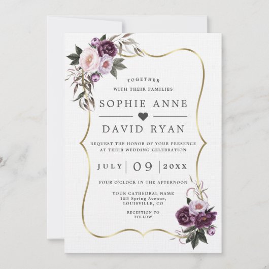 Paarse Blosem Bloemen Gouden All In One Trouw  Kaart (Voorkant)