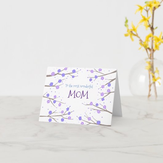 Paarse Blue Blossoms aangepaste tekst Moederdag Kaart (Gele Bloem)