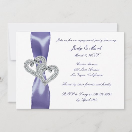 Paarse Blue Diamond Hearts Engagement Party Kaart (Voorkant)