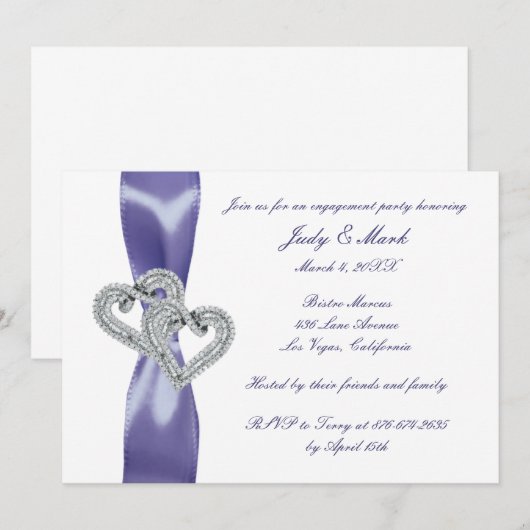 Paarse Blue Diamond Hearts Engagement Party Kaart (Voorkant / Achterkant)