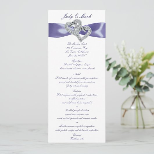 Paarse Blue Diamond Hearts Wedding Menu Kaart (Staand voorkant)
