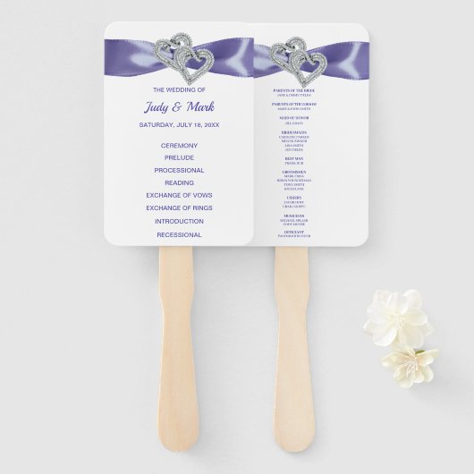 Paarse Blue Diamond Hearts Wedding Program Fans Handwaaier (Voorkant en achterkant)