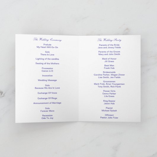 Paarse Blue Diamond Hearts Wedding Program Kaart (Binnen)