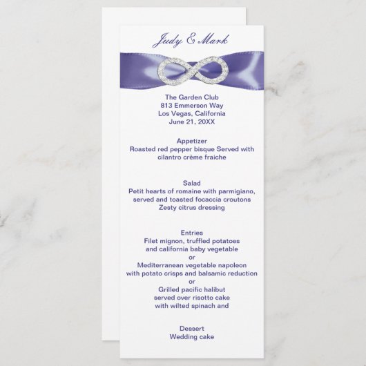 Paarse Blue Diamond Infinity Wedding Menu Kaart (Voorkant / Achterkant)