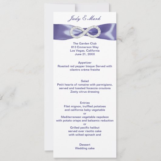 Paarse Blue Diamond Infinity Wedding Menu Kaart (Voorkant)