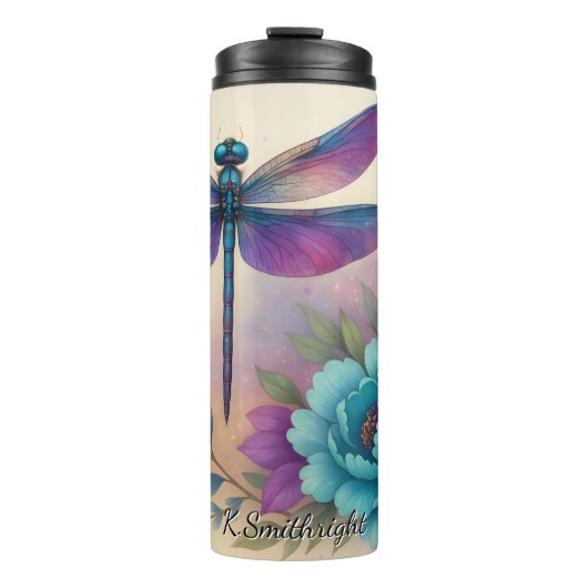 Paarse Blue Dragonfly Floral Fantasy Thermosbeker (Voorkant)