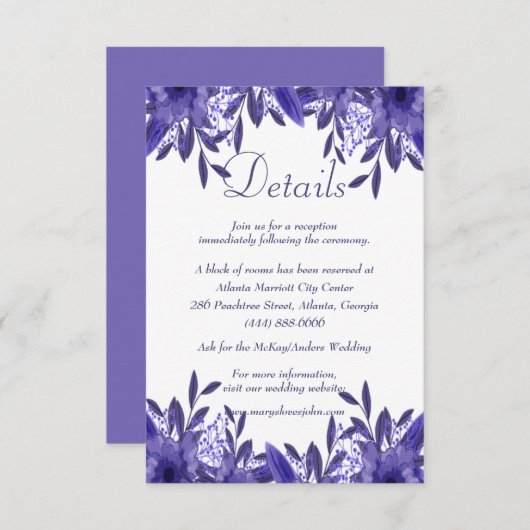 Paarse Blue Floral Foliage Wedding Details Kaart (Voorkant / Achterkant)