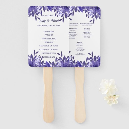 Paarse Blue Floral Foliage Wedding Programme Fans Handwaaier (Voorkant en achterkant)