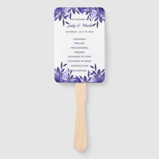 Paarse Blue Floral Foliage Wedding Programme Fans Handwaaier (Voorkant)