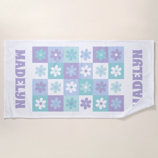 Paarse Blue Groovy Daisy Checkerboard Strandlaken (Voorkant)
