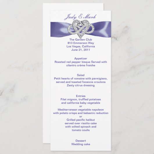 Paarse Blue Infinity Heart Wedding Menu Kaart (Voorkant / Achterkant)